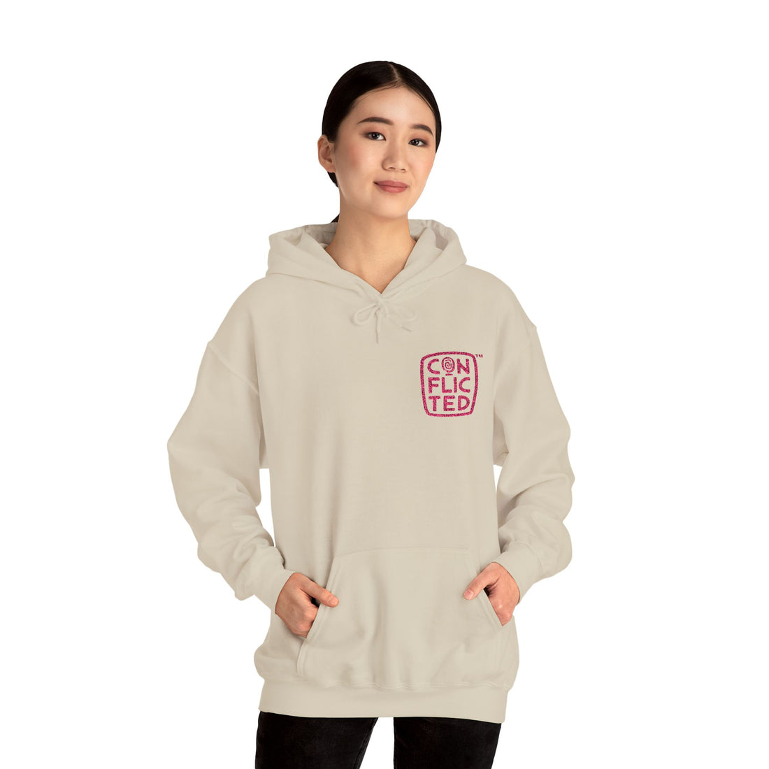 Pink Conflicted Embroidered Hoodie | Premium Voice Over Heavy Blend™ Sweatshirt