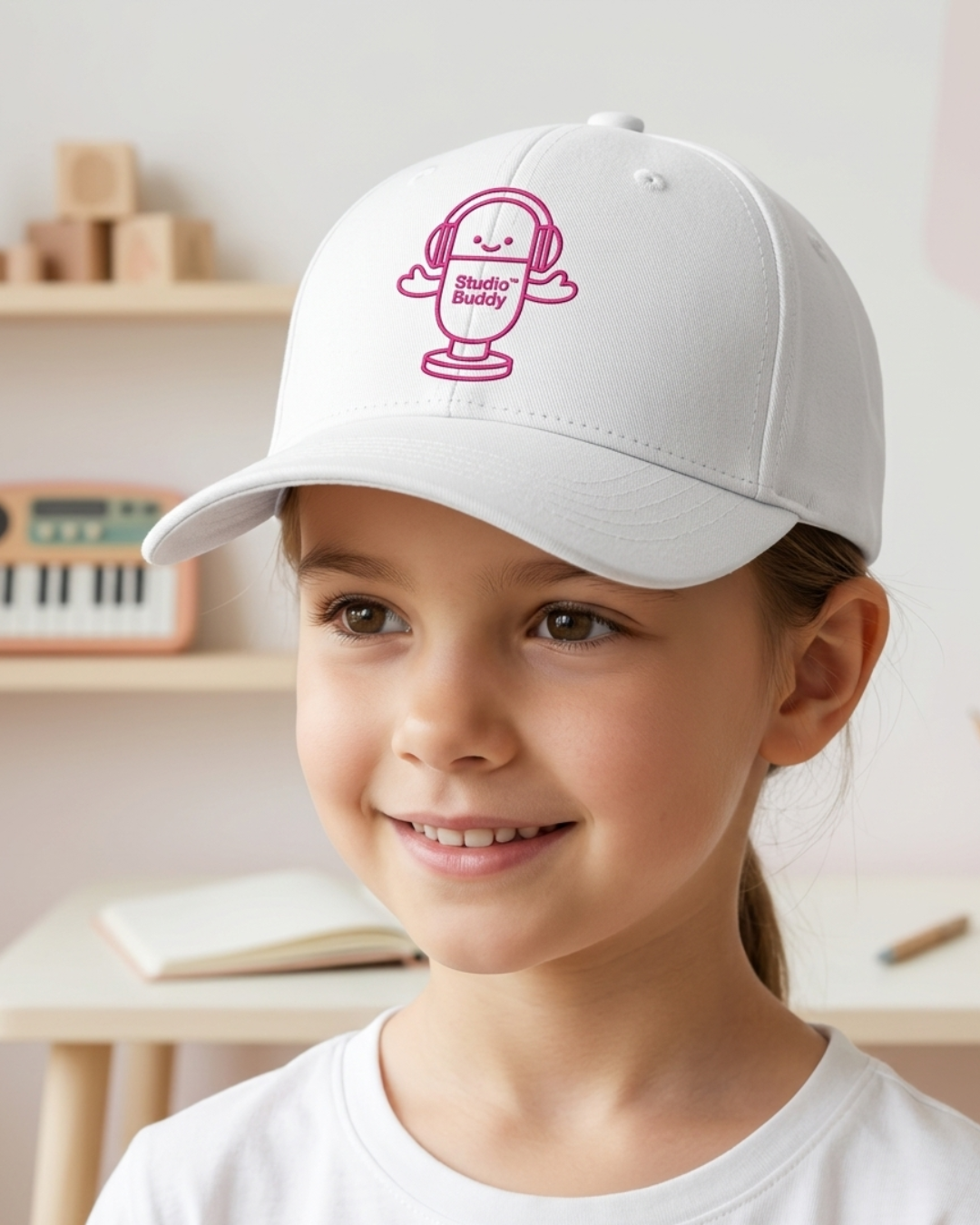 Pink Studio Buddy™ Kids Embroidered Hat | Cute Microphone Youth Baseball Cap