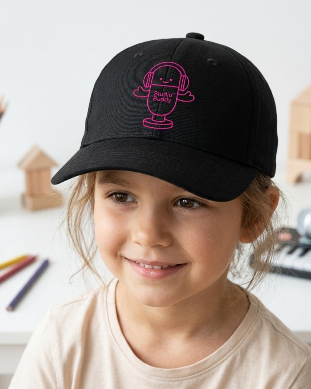 Pink Studio Buddy™ Kids Embroidered Hat | Cute Microphone Youth Baseball Cap