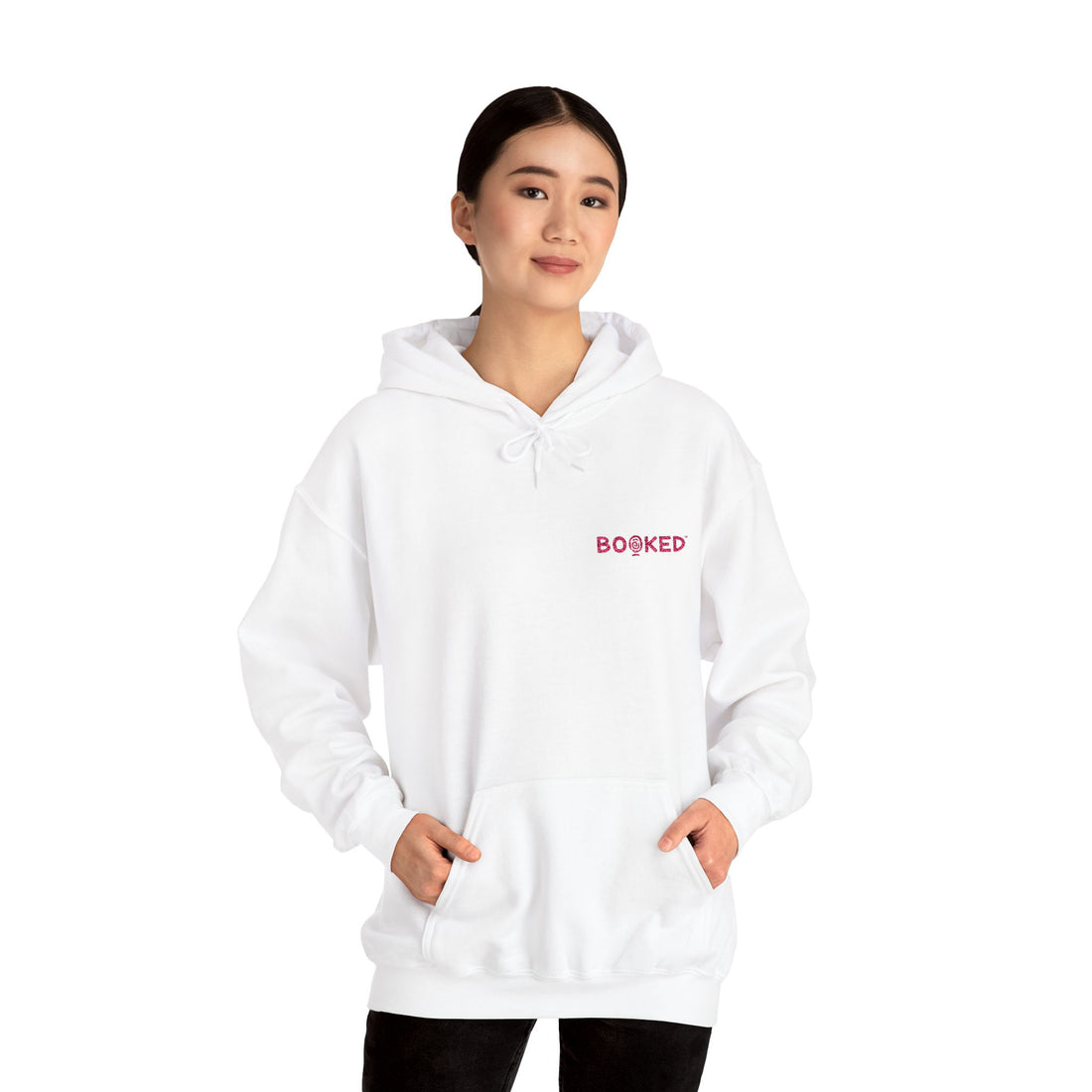 Minimalist BOOKED Hoodie - Unisex Heavy Blend™ Hooded Sweatshirt - Pink Text Design